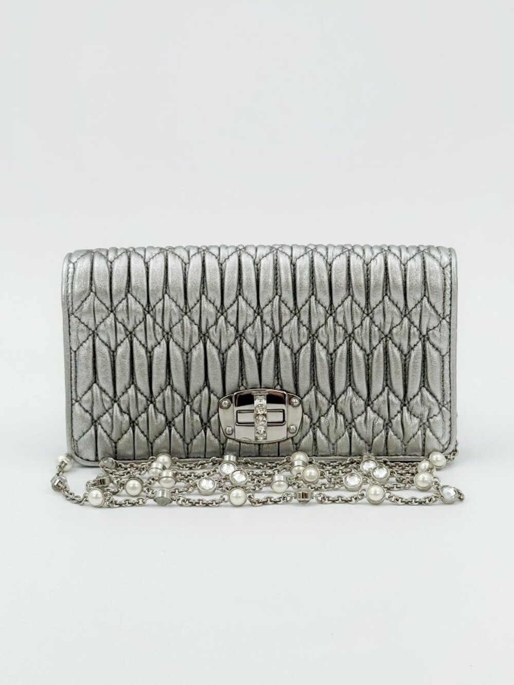 Miu Miu Silver Matelassé Leather Crystal Pearl Chain Clutch Crossbody Bag